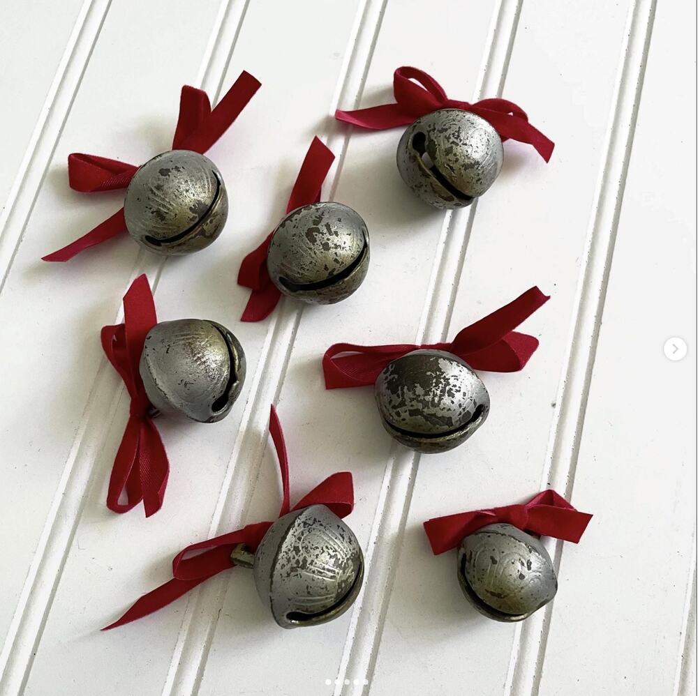 Vintage Silver Metal Jingle Sleigh Bells Etched Design Red Velvet Ribbon Lot x7